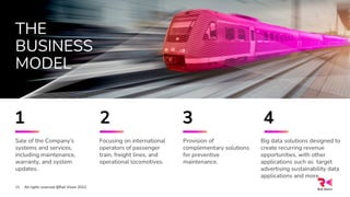 THE
BUSINESS
MODEL
Sale of the Company’s
systems and services,
including maintenance,
warranty, and system
updates.
Provision of
complementary solutions
for preventive
maintenance.
Focusing on international
operators of passenger
train, freight lines, and
operational locomotives.
All rights reserved @Rail Vision 2022
11
Big data solutions designed to
create recurring revenue
opportunities, with other
applications such as target
advertising sustainability data
applications and more.
1 2 3 4
 