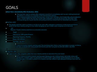GOALS
Short Term: (Immediately After Graduation, 2025)
 The Goal that I want to achieve after graduation would be to immediately start my own clothing brand and
be hired by a company as a manager in the entertainment industry.
KPI to measure progress towards reaching goal. I project that I will take a short break after school graduation
about 1 month. Within the next two months after graduation, it should be around July 2025 that I start
seriously diving into my job searches and pulling out all my contacts that I’ve networked over the years.
Mid Term: 2033
 The specific goal that I want to achieve in my five to ten years after graduation is working in a high paced and diverse
sector of the music industry and go on tour while managing my own smaller scale companies as an executive.
 KPI
Measure: 10 years industry experience as a business executive
 Target:
 Data Source: CRM system/Finance
 Reporting Frequency: Monthly
*. Owner: CEO (MYSELF)
 Due Date: July 2033

to measure progress towards reaching goal. The time frame that I think is most reasonable is summer of 2036 as
I will have connected with many people and found a job that I can grow my skill sets within. July 2036
Long Term: 2043
 I plan to own a few companies within the music industry and be an executive of my own brand.
 KPI to measure progress towards reaching goal. Owning my own clothing brand, real estate, venue, and
production company under my personal LLC by fall of 2043. I have already started designing my 15-20year
business plan, to be able to present it to investors and loan officers to get adequate funding to kick start my
brand.
 