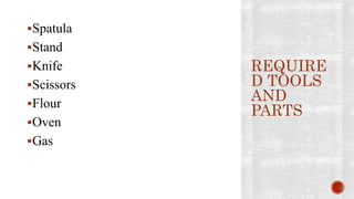 Spatula
Stand
Knife
Scissors
Flour
Oven
Gas
REQUIRE
D TOOLS
AND
PARTS
 