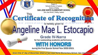 is hereby given to
This
for her outstanding academic performance
during the First Quarter School Year 2022-2023.
Given this 1st day of December 2022 at San Jose Norte Elementary School, San Jose Norte 2,
 