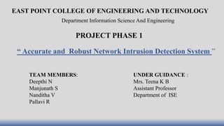 “ Accurate and Robust Network Intrusion Detection System ”
EAST POINT COLLEGE OF ENGINEERING AND TECHNOLOGY
Department Information Science And Engineering
PROJECT PHASE 1
TEAM MEMBERS:
Deepthi N
Manjunath S
Nanditha V
Pallavi R
UNDER GUIDANCE :
Mrs. Teena K B
Assistant Professor
Department of ISE
 