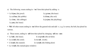 a) The following nouns ending in –‘ou’ form their plural by adding –x
• Le bijou, (the jewel) Le genou, (the knee)
Le caillou, (the pebble) le hibou, (the owl)
Le chou, (the cabbage) le joujou, (the plaything)
Le pou, (the louse)
• NB. All other nouns ending in –ou follow the general rule and add –s ; e.g. le verrou, the bolt, has plural les
verrous.
a) These nouns, ending in –ail form their plural by changing –ail into –aux
• Le bail, (the lease). le soupirail, (the air-hole)
• Le corail, (the coral). le travail, (work).
• L’émail, (the enamel) le vantail, (the folding door)
• Le vitrail, (the stained-glass window)
 