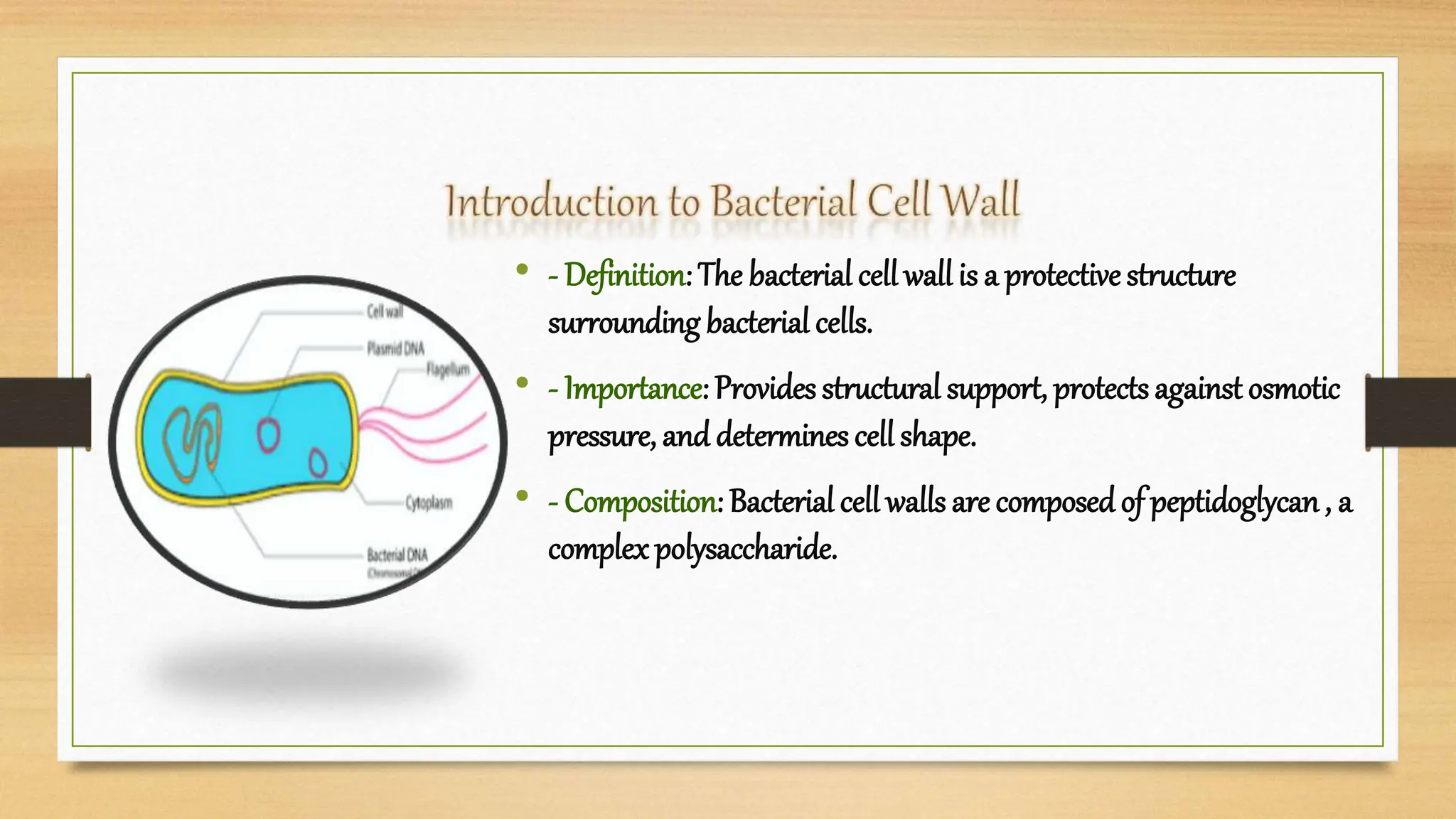 • - Definition: The bacterial cell wall is a protective structure
surrounding bacterial cells.
• - Importance: Provides structural support, protects against osmotic
pressure, and determines cell shape.
• - Composition: Bacterial cell walls are composedof peptidoglycan, a
complexpolysaccharide.
 