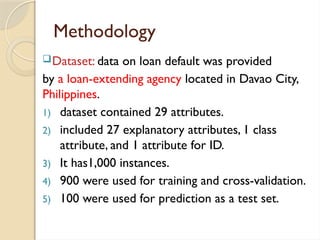 Methodology
Dataset: data on loan default was provided
by a loan-extending agency located in Davao City,
Philippines.
1) dataset contained 29 attributes.
2) included 27 explanatory attributes, 1 class
attribute, and 1 attribute for ID.
3) It has1,000 instances.
4) 900 were used for training and cross-validation.
5) 100 were used for prediction as a test set.
 