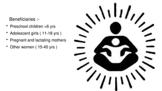 • Preschool children <6 yrs
• Adolescent girls ( 11-18 yrs )
• Pregnant and lactating mothers
• Other women ( 15-45 yrs )
Beneficiaries :-
 