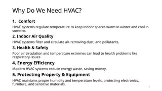 3
Why Do We Need HVAC?
1. Comfort
HVAC systems regulate temperature to keep indoor spaces warm in winter and cool in
summer.
2. Indoor Air Quality
HVAC systems filter and circulate air, removing dust, and pollutants.
3. Health & Safety
Poor air circulation and temperature extremes can lead to health problems like
respiratory issues
4. Energy Efficiency
Modern HVAC systems reduce energy waste, saving money.
5. Protecting Property & Equipment
HVAC maintains proper humidity and temperature levels, protecting electronics,
furniture, and sensitive materials.
 