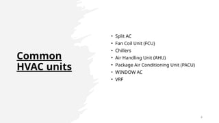Common
HVAC units
• Split AC
• Fan Coil Unit (FCU)
• Chillers
• Air Handling Unit (AHU)
• Package Air Conditioning Unit (PACU)
• WINDOW AC
• VRF
4
 