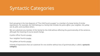 Syntactic Categories
Each grouping in the tree diagrams of “The child found a puppy” is a member of a large family of similar
expressions. For example, the child belongs to a family that includes the police officer, your neighbor, this yellow
cat, he, John, and countless others.
We can substitute any member of this family for the child without affecting the grammaticality of the sentence,
although the meaning of course would change.
A police officer found a puppy.
Your neighbor found a puppy.
This yellow cat found a puppy.
A family of expressions that can substitute for one another without loss of grammaticality is called a syntactic
category.
 