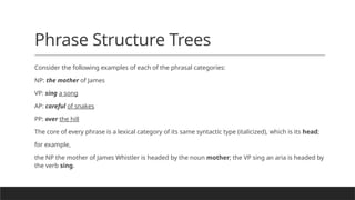 Phrase Structure Trees
Consider the following examples of each of the phrasal categories:
NP: the mother of James
VP: sing a song
AP: careful of snakes
PP: over the hill
The core of every phrase is a lexical category of its same syntactic type (italicized), which is its head;
for example,
the NP the mother of James Whistler is headed by the noun mother; the VP sing an aria is headed by
the verb sing.
 