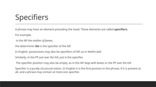 Specifiers
A phrase may have an element preceding the head. These elements are called specifiers.
For example,
in the NP the mother of James,
the determiner the is the specifier of the NP.
In English, possessives may also be specifiers of NP, as in Nellie’s ball.
Similarly, in the PP just over the hill, just is the specifier.
The specifier position may also be empty, as in the NP dogs with bones or the PP over the hill.
Specifier is a purely structural notion. In English it is the first position in the phrase, if it is present at
all, and a phrase may contain at most one specifier.
 