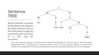 Sentence
TREE
We are now able to provide
a fully labeled tree diagram
for entire sentences such as
The child found a puppy by
combining what we know
of S, NP, and VP
structures:
The X-bar schema captures a vast amount of syntactic knowledge in a concise way. If the hierarchical
relationships that it expresses are universal (order aside), as many linguists believe, it reveals how
children can quickly learn the abstract hierarchical structures associated with phrases in their language.
 