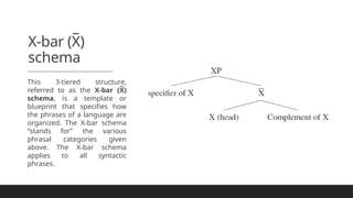 X-bar (X
̅ )
schema
This 3-tiered structure,
referred to as the X-bar (X
̅ )
schema, is a template or
blueprint that specifies how
the phrases of a language are
organized. The X-bar schema
“stands for” the various
phrasal categories given
above. The X‑bar schema
applies to all syntactic
phrases.
 