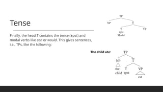 Tense
Finally, the head T contains the tense (±pst) and
modal verbs like can or would. This gives sentences,
i.e., TPs, like the following:
The child ate:
 