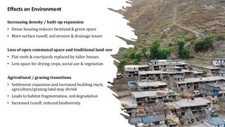 Increasing density / built-up expansion
• Dense housing reduces farmland & green space
• More surface runoff, soil erosion & drainage issues
Loss of open communal space and traditional land-use
• Flat roofs & courtyards replaced by taller houses
• Less space for drying crops, social use & vegetation
Agricultural / grazing transitions
• Settlement expansion and increased building stock,
agriculture/grazing land may shrink
• Leads to habitat fragmentation, soil degradation
• Increased runoff, reduced biodiversity.
Effects on Environment
 