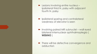  Lesions involving entire nucleus –
Ipsilateral third N. palsy with adjacent
fourth N. palsy
 Ipsilateral sparing and contralateral
weakness of elevator is seen
 Involving paired MR subnuclei – wall eyed
bilateral internuclear ophthalmoplegia (
WEBINO )
 There will be defective convergence and
adduction
 