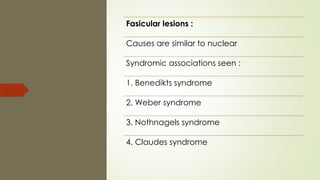 Fasicular lesions :
Causes are similar to nuclear
Syndromic associations seen :
1. Benedikts syndrome
2. Weber syndrome
3. Nothnagels syndrome
4. Claudes syndrome
 