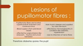 Lesions of
pupillomotor fibres :
Pupillomotor fibres are located
superficial B/W brainstem and
cavernous sinus
- Blood supply is from pial blood
vessels
- affected by surgical lesions like
aneurysm , trauma and uncal
herniation
Main trunk is deeper and supplied
by vasa nervosum
- affected by microangiopathy in
conditions like diabetes ,
hypertension
- due to infarction of nerve fibres
Therefore diabetes spares the pupil
 