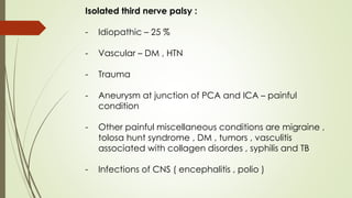 Isolated third nerve palsy :
- Idiopathic – 25 %
- Vascular – DM , HTN
- Trauma
- Aneurysm at junction of PCA and ICA – painful
condition
- Other painful miscellaneous conditions are migraine ,
tolosa hunt syndrome , DM , tumors , vasculitis
associated with collagen disordes , syphilis and TB
- Infections of CNS ( encephalitis , polio )
 