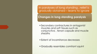 In paralyses of long standing , relief is
gradually obtained – learns to ignore
Changes in long standing paralysis :
•Secondary contractures in antagonist
muscles and soft tissues such as
conjunctiva , tenon capsule and muscle
sheaths
•Extent of incomitance decreases
•Gradually resembles comitant squint
 