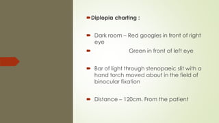 Diplopia charting :
 Dark room – Red googles in front of right
eye
 Green in front of left eye
 Bar of light through stenopaeic slit with a
hand torch moved about in the field of
binocular fixation
 Distance – 120cm. From the patient
 