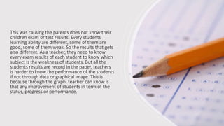 This was causing the parents does not know their
children exam or test results. Every students
learning ability are different, some of them are
good, some of them weak. So the results that gets
also different. As a teacher, they need to know
every exam results of each student to know which
subject is the weakness of students. But all the
students results are record in the paper, teachers
is harder to know the performance of the students
if not through data or graphical image. This is
because through the graph, teacher can know is
that any improvement of students in term of the
status, progress or performance.
 