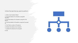 2.Enter the task that you want to perform
1. Add a new Student Detail
2. Find the details of a Student using Roll
Number
3. Find the details of a Student using the First
Name
4. Find the details of Students using the Coursed
Id
5. Find Total number of Students
6. Delete the details of an Student
7. Update the details of an Student
8. Exit
 