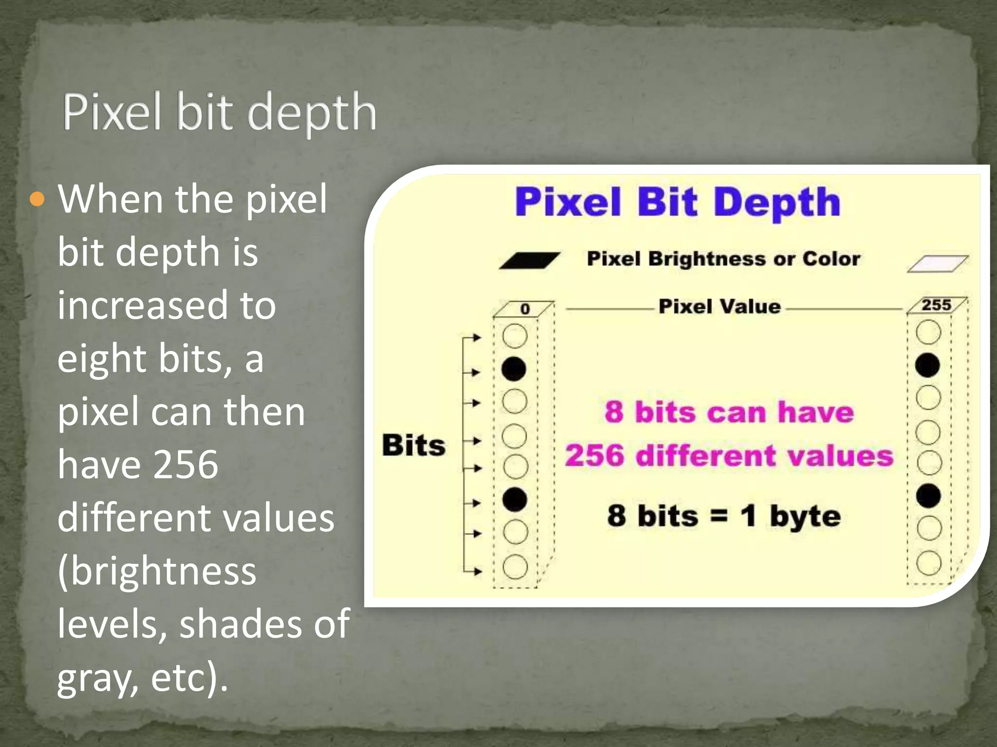  When the pixel

bit depth is
increased to
eight bits, a
pixel can then
have 256
different values
(brightness
levels, shades of
gray, etc).

 