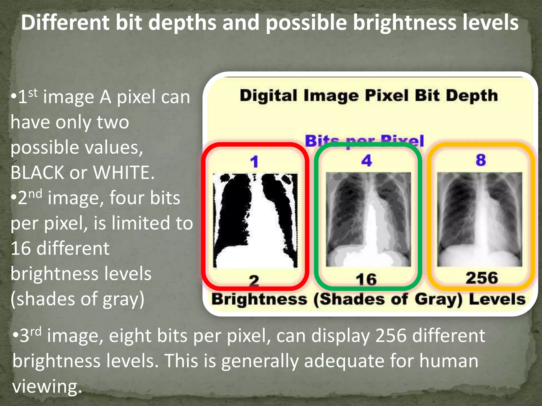 Different bit depths and possible brightness levels
•1st image A pixel can
have only two
possible values,
BLACK or WHITE.
•2nd image, four bits
per pixel, is limited to
16 different
brightness levels
(shades of gray)
•3rd image, eight bits per pixel, can display 256 different
brightness levels. This is generally adequate for human
viewing.

 