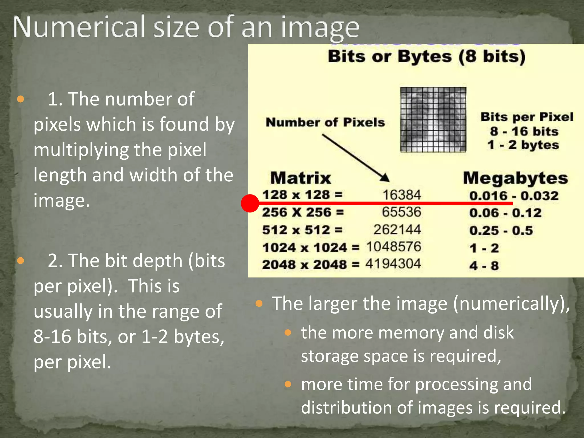 

1. The number of
pixels which is found by
multiplying the pixel
length and width of the
image.



2. The bit depth (bits
per pixel). This is
usually in the range of
8-16 bits, or 1-2 bytes,
per pixel.

 The larger the image (numerically),
 the more memory and disk

storage space is required,
 more time for processing and
distribution of images is required.

 