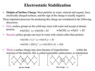 Electrostatic Stabilization
• Origins of Surface Charge. Most particles in water, mineral and organic, have
electrically charged surfaces, and the sign of the charge is usually negative.
Three important processes for producing this charge are considered in the following
discussion.
• First, surface groups on the solid may react with water and accept or donate
protons.
• Second, surface groups can react in water with solutes other than protons.
• Third, a surface charge may arise because of imperfections within the
structure of the particle; this is called isomorphic replacement, or substitution
 