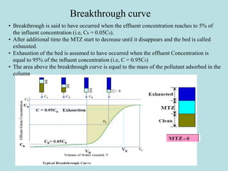 Breakthrough curve
• Breakthrough is said to have occurred when the effluent concentration reaches to 5% of
the influent concentration (i.e, Cb = 0.05C0).
• After additional time the MTZ start to decrease until it disappears and the bed is called
exhausted.
• Exhaustion of the bed is assumed to have occurred when the effluent Concentration is
equal to 95% of the influent concentration (i.e, C = 0.95C0)
• The area above the breakthrough curve is equal to the mass of the pollutant adsorbed in the
column
 