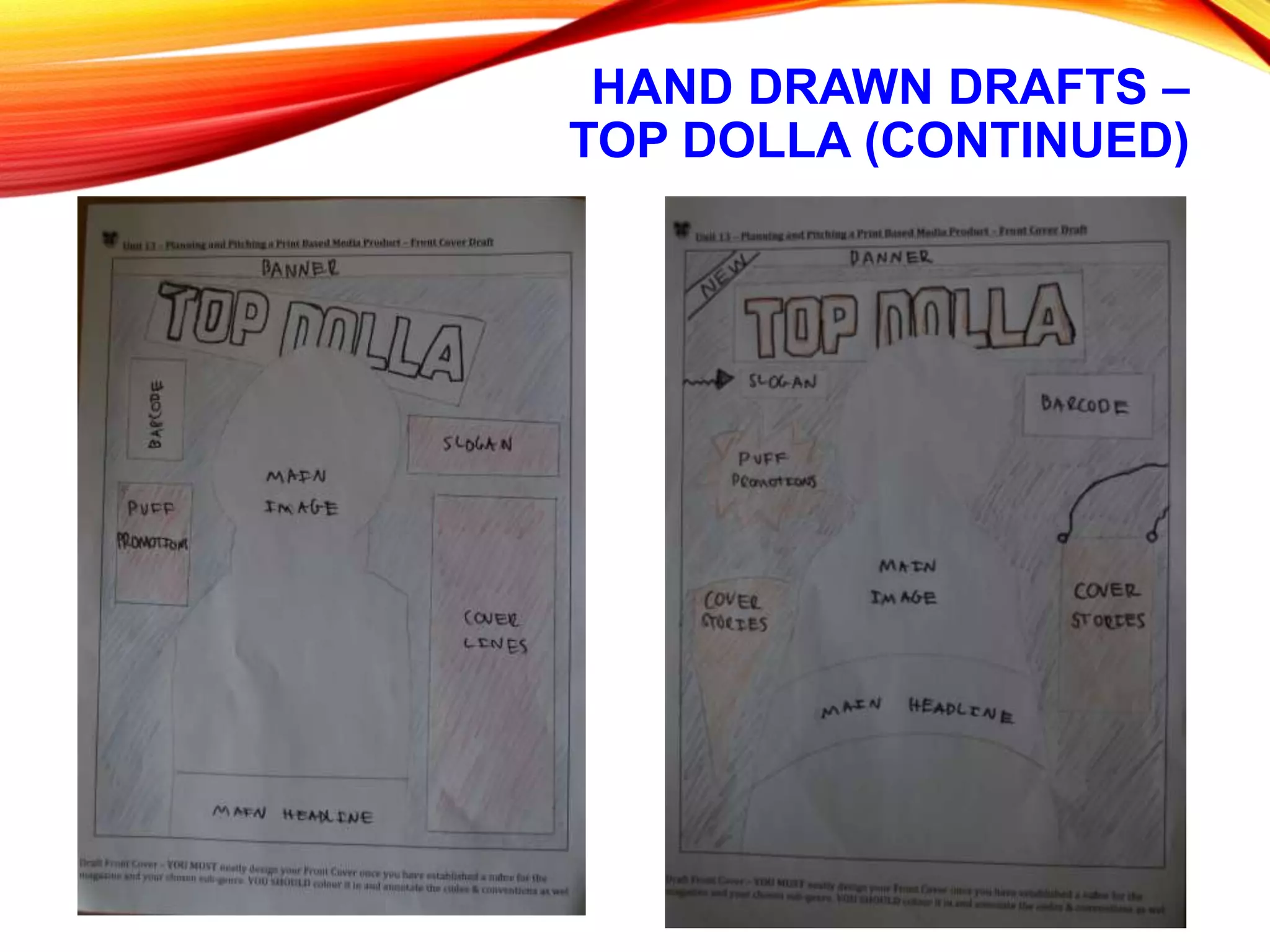 HAND DRAWN DRAFTS –
TOP DOLLA (CONTINUED)
 