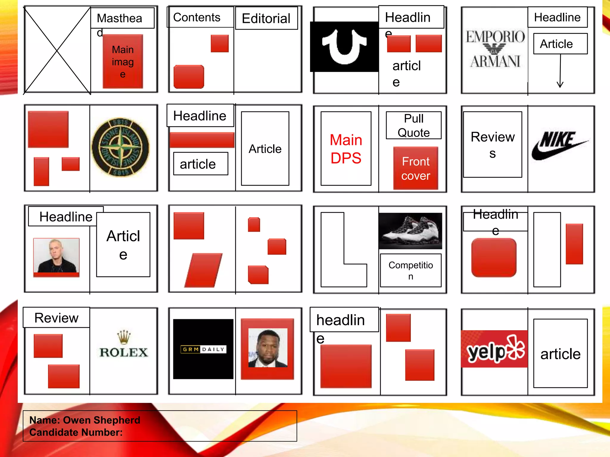 Name: Owen Shepherd
Candidate Number:
Masthea
d
Main
imag
e
Contents Editorial Headlin
e
articl
e
Headline
Article
Headline
article
Article
Main
DPS
Pull
Quote
Front
cover
Review
s
Headline
Articl
e
Competitio
n
Headlin
e
Review headlin
e
article
 