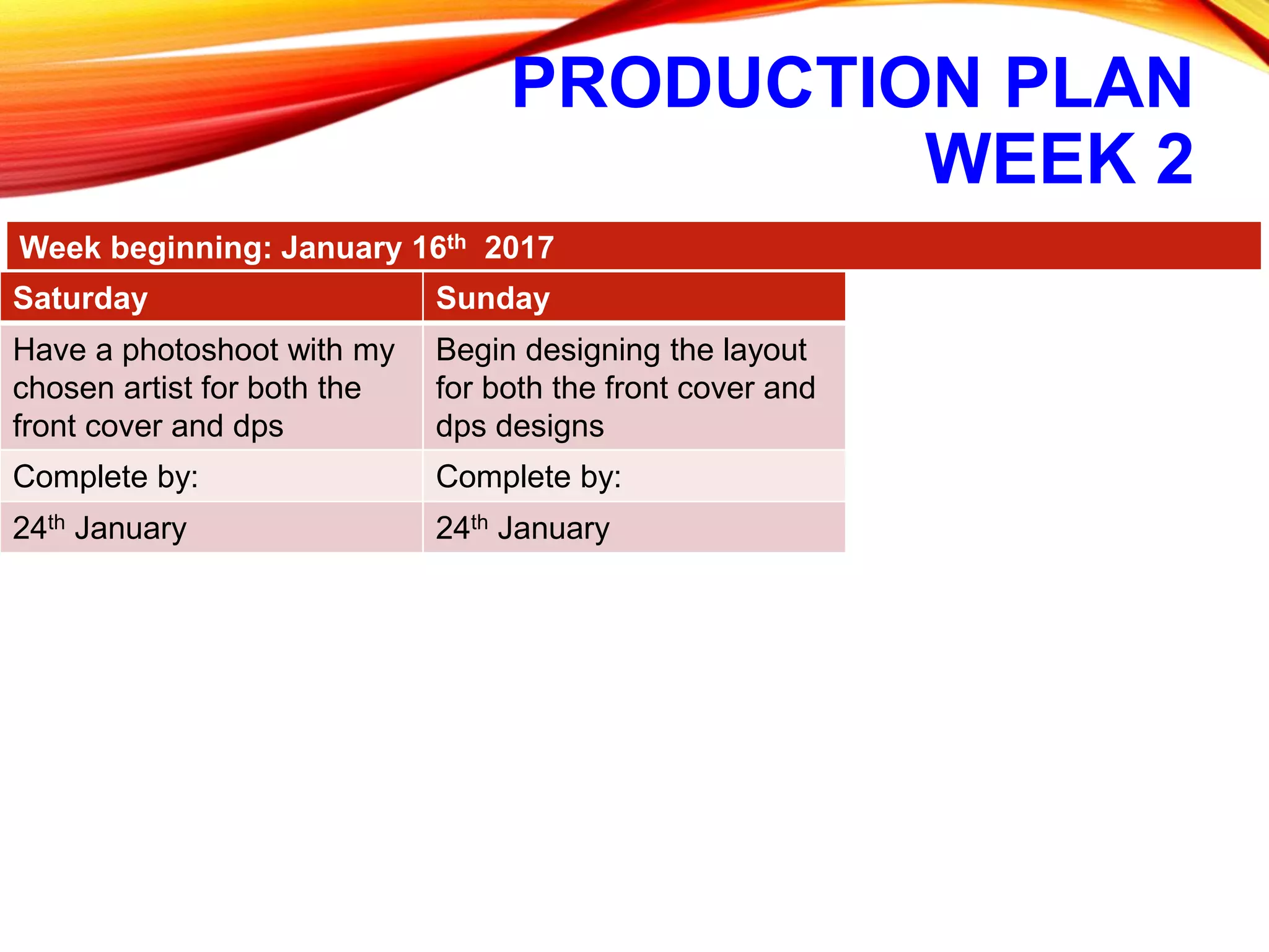 PRODUCTION PLAN
WEEK 2
Week beginning: January 16th 2017
Saturday Sunday
Have a photoshoot with my
chosen artist for both the
front cover and dps
Begin designing the layout
for both the front cover and
dps designs
Complete by: Complete by:
24th January 24th January
 