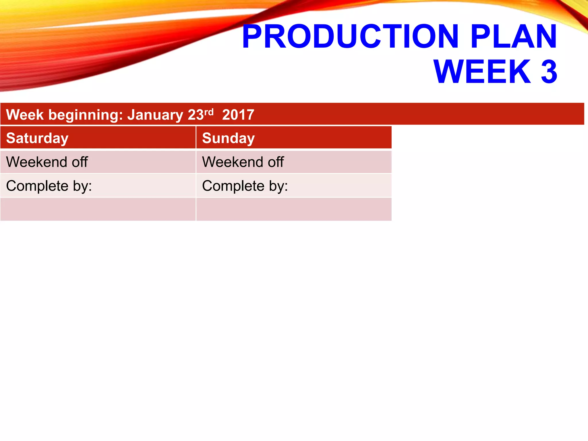 PRODUCTION PLAN
WEEK 3
Week beginning: January 23rd 2017
Saturday Sunday
Weekend off Weekend off
Complete by: Complete by:
 