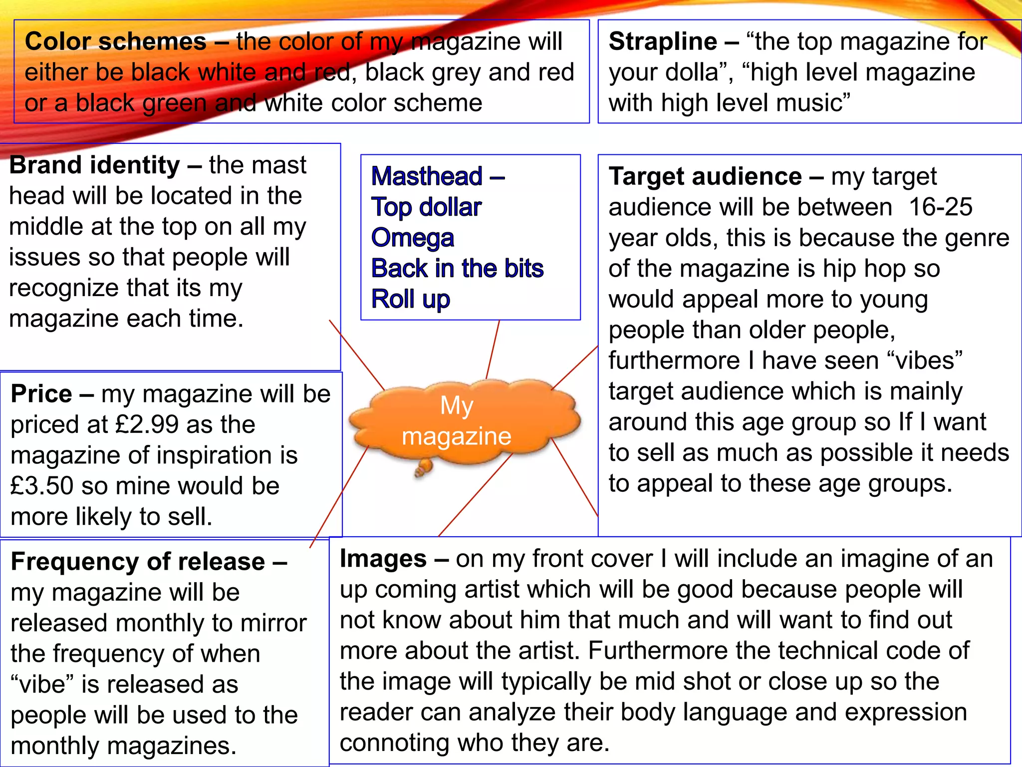 My
magazine
Color schemes – the color of my magazine will
either be black white and red, black grey and red
or a black green and white color scheme
Price – my magazine will be
priced at £2.99 as the
magazine of inspiration is
£3.50 so mine would be
more likely to sell.
Target audience – my target
audience will be between 16-25
year olds, this is because the genre
of the magazine is hip hop so
would appeal more to young
people than older people,
furthermore I have seen “vibes”
target audience which is mainly
around this age group so If I want
to sell as much as possible it needs
to appeal to these age groups.
Frequency of release –
my magazine will be
released monthly to mirror
the frequency of when
“vibe” is released as
people will be used to the
monthly magazines.
Images – on my front cover I will include an imagine of an
up coming artist which will be good because people will
not know about him that much and will want to find out
more about the artist. Furthermore the technical code of
the image will typically be mid shot or close up so the
reader can analyze their body language and expression
connoting who they are.
Brand identity – the mast
head will be located in the
middle at the top on all my
issues so that people will
recognize that its my
magazine each time.
Strapline – “the top magazine for
your dolla”, “high level magazine
with high level music”
 