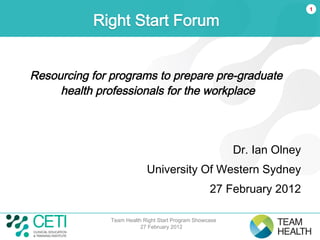 1

           Right Start Forum


Resourcing for programs to prepare pre-graduate
     health professionals for the workplace



                                                          Dr. Ian Olney
                            University Of Western Sydney
                                                    27 February 2012

               Team Health Right Start Program Showcase
                          27 February 2012
 