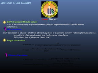 WORK STUDY & LINE BALANCING

SMV (Standard Minute Value)

time Study

SMV is the time taken by a qualified worker to perform a specified task in a defined level of
performance.
SMV calculation
SMV calculation of a basic T-shirt from a time study sheet of a garments industry. Following formulas are useNormal time =Average observed time *performance rating factor
SMV =Basic time +(Allowance *Basic time)

Target calculation
Capacity =
Target =

60
Average of the observed time +

( %)

of Allowance

No. of worker * work hours * 60
* Expected Efficiency
SMV

Efficiency Calculation
Produced minute *100
Overall Efficiency =
Used minutes

On standard Efficiency =

Produced minute *100
( Used minutes – Non productive time

)

 