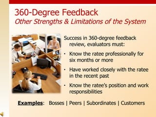 Success in 360-degree feedback review, evaluators must: Know the ratee professionally for six months or more Have worked closely with the ratee in the recent past Know the ratee’s position and work responsibilities 360-Degree Feedback Other Strengths & Limitations of the System Examples :  Bosses | Peers | Subordinates | Customers 
