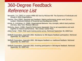 360-Degree Feedback Reference List Bernardin, J.H. (2007) in custom AMBA 602 text by McGraw-Hill: The Dynamics of Individuals and Groups in Work Organizations. Fletcher, Clive (2004). Appraisal and Feedback: Making performance review work (3rd ed.). London: Chartered Institute of Personnel and Development (CIPD) Kinicki, A., & Kreitner, R. (2008). Organizational Behavior: Key concepts, skills & best practices (3rd ed.). New York: McGraw-Hill/Irwin  McKirchy, Karen. (1998). Powerful Performance Appraisals: How to set expectations and work together to improve performance.  New Jersey: Career Press eWeb Portal – PEAK. PEAK quick training series survey. Retrieved September 30, 2008 from  http://myeweb.verizon.com/eweb/myportal/aboutyou/yourtoolkit/peak SkillSoft Corporation, Copyright 2002. Resistance to 360-degree feedback participation. Retrieved September 30, 2008 from  http://netlearn.verizon.com/skillsoft/web/sb/sbMGMT0152001001.htm . SkillSoft Corporation, Copyright 2002. 360-degree feedback vs. traditional feedback. Retrieved September 30, 2008 from  http://netlearn.verizon.com/skillsoft/web/sb/sbMGMT0152001001.htm .  SkillSoft Corporation, Copyright 2002. Involving participants in 360-degree feedback. Retrieved September 30, 2008 from  http://netlearn.verizon.com/skillsoft/web/sb/sbMGMT0152001001.htm . 