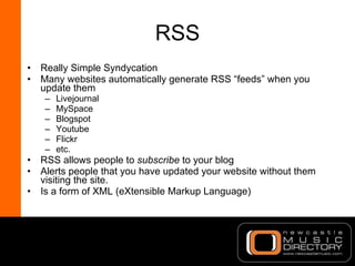 RSS <ul><li>Really Simple Syndycation </li></ul><ul><li>Many websites automatically generate RSS “feeds” when you update t...