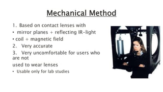 Mechanical Method
1. Based on contact lenses with
• mirror planes + reflecting IR-light
• coil + magnetic field
2. Very accurate
3. Very uncomfortable for users who
are not
used to wear lenses
• Usable only for lab studies
 