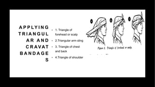 A P P LY I N G
T R I A N G U L
A R A N D
C R AVAT
B A N D A G E
S
• 1. Triangle of
forehead or scalp
• 2.Triangular arm sling
• 3. Triangle of chest
and back
• 4.Triangle of shoulder
 