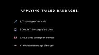 A P P LY I N G TA I L E D B A N D A G E S
1. T- bandage of the scalp
2 Double T- bandage of the chest
3. Four tailed bandage of the nose
4 . Four tailed bandage of the jaw
 