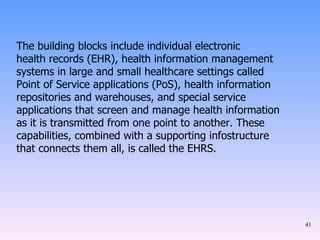 The building blocks include individual electronic health records (EHR), health information management systems in large and small healthcare settings called Point of Service applications (PoS), health information repositories and warehouses, and special service applications that screen and manage health information as it is transmitted from one point to another. These capabilities, combined with a supporting infostructure that connects them all, is called the EHRS. 