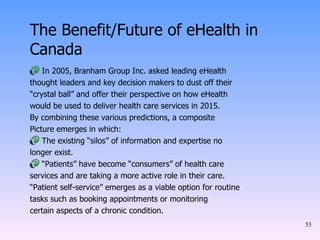 The Benefit/Future of eHealth in Canada In 2005, Branham Group Inc. asked leading eHealth thought leaders and key decision makers to dust off their “ crystal ball” and offer their perspective on how eHealth would be used to deliver health care services in 2015. By combining these various predictions, a composite Picture emerges in which: The existing “silos” of information and expertise no longer exist. “ Patients” have become “consumers” of health care services and are taking a more active role in their care. “ Patient self-service” emerges as a viable option for routine tasks such as booking appointments or monitoring certain aspects of a chronic condition. 