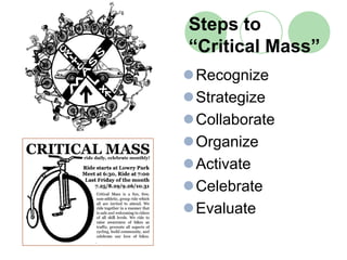 Steps to
“Critical Mass”
Recognize
Strategize
Collaborate
Organize
Activate
Celebrate
Evaluate
 