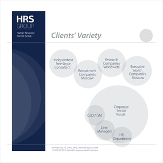 Clients’ Variety

  Independent                                                   Research
    free-lance                                                 Companies
   Consultant                                                  Worldwide           Executive
                                  Recruitment                                       Search
                                  Companies                                       Companies
                                    Moscow                                          Moscow




                                                                      Corporate
                                                                       Sector
                                              CEO / GM                 Russia


                                                             Line
                                                           Managers
                                                                         HR
                                                                      Department

Novinskiy blvd., 16, build 2, oﬃce 2, Moscow, Russia, 121069
+7 (495) 691 45 30, victor@hrs-group.ru, www.hrs-group.ru
 