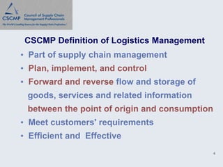 CSCMP Definition of Logistics Management
• Part of supply chain management
• Plan, implement, and control
• Forward and reverse flow and storage of
 goods, services and related information
 between the point of origin and consumption
• Meet customers' requirements
• Efficient and Effective
                                               4
 