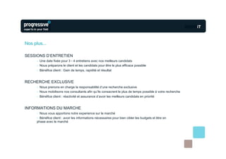 Nos plus...

SESSIONS D’ENTRETIEN
      - Une date fixée pour 3 - 4 entretiens avec nos meilleurs candidats
      - Nous préparons le client et les candidats pour être le plus efficace possible
      - Bénéfice client : Gain de temps, rapidité et résultat


RECHERCHE EXCLUSIVE
      - Nous prenons en charge la responsabilité d’une recherche exclusive
      - Nous mobilisons nos consultants afin qu’ils consacrent le plus de temps possible à votre recherche
      - Bénéfice client : réactivité et assurance d’avoir les meilleurs candidats en priorité


INFORMATIONS DU MARCHE
      - Nous vous apportons notre experience sur le marché
      - Bénéfice client : avoir les informations nécessaires pour bien cibler les budgets et être en
      phase avec le marché
 
